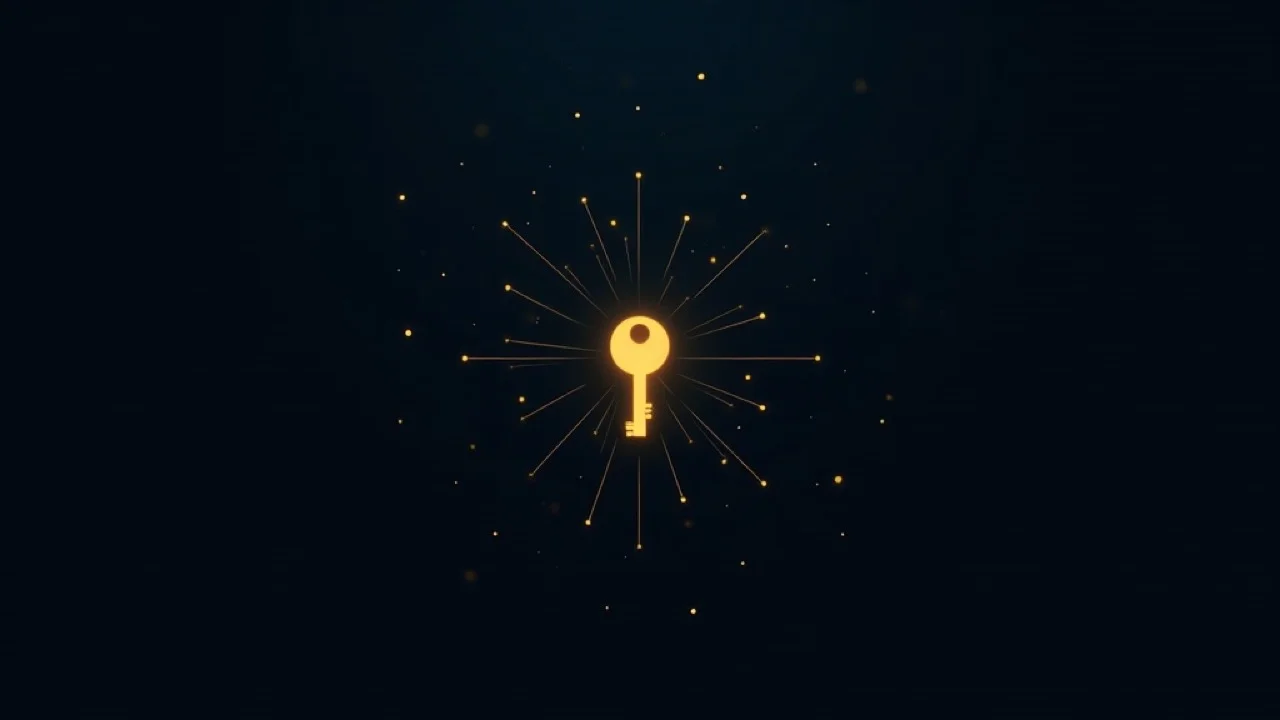 Ein goldener Schlüssel mit Linien, die zu vielen weit verstreuten Knotenpunkten führen