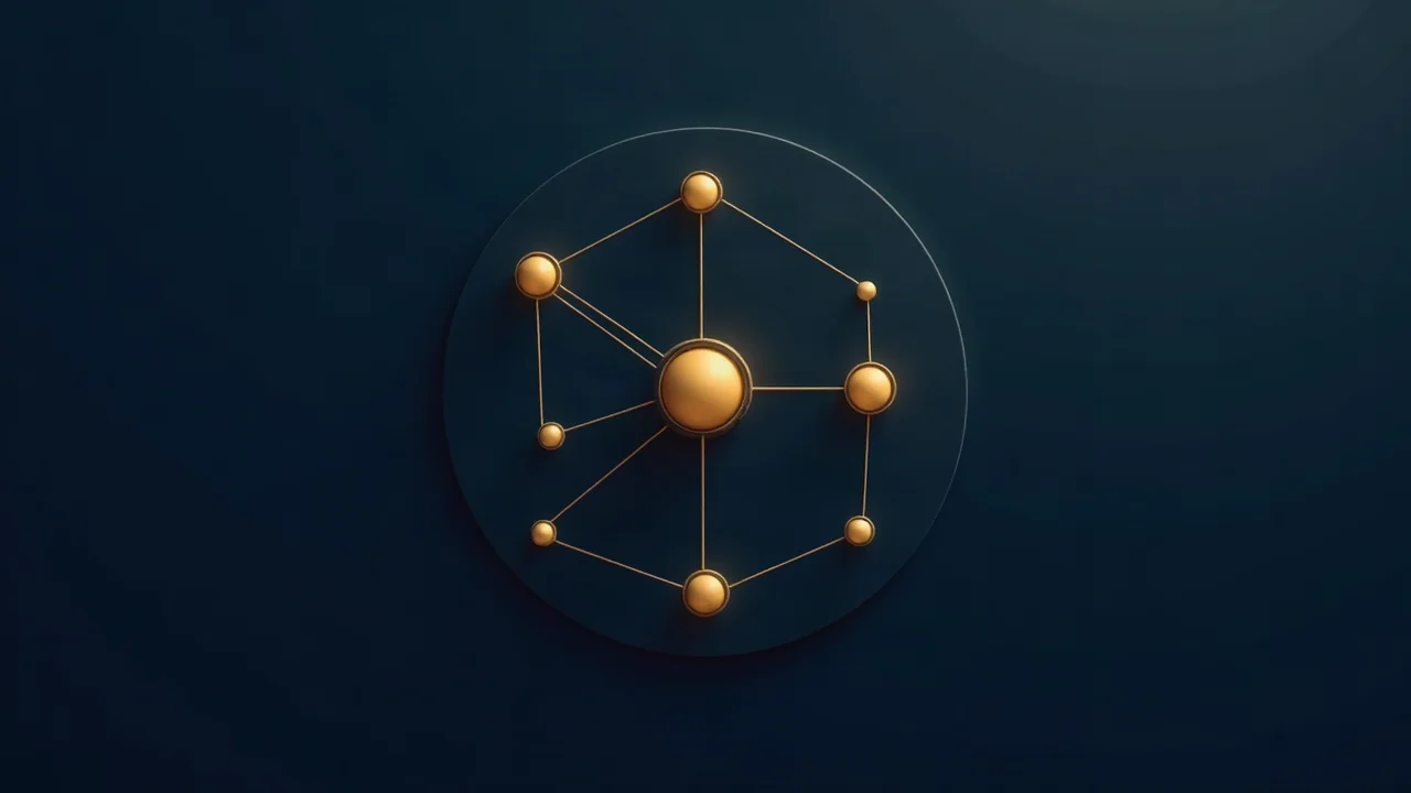 Mehrere gleich große goldene Knotenpunkte, gleichmäßig über ein Netzwerk verteilt statt in einem Zentrum konzentriert