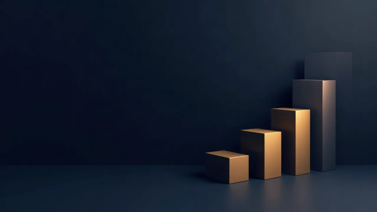 Abstrakte goldene Balkenstruktur mit gestaffelten Stufen auf dunklem Grund, symbolisiert unterschiedliche Preisstufen