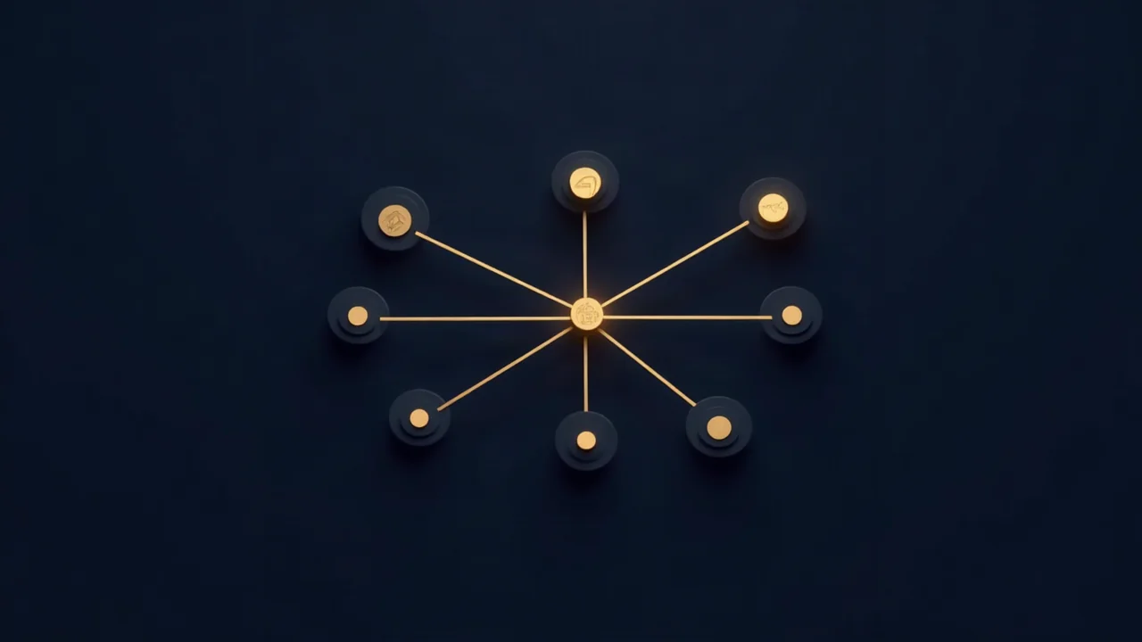 Goldene Linien verzweigen sich zu unterschiedlich großen Knoten auf dunklem Grund, abstrakte Darstellung von Token-Verbrauch je nach Modellwahl