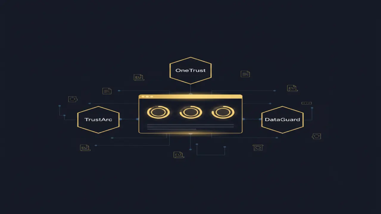 Compliance-Management-Plattformen OneTrust, TrustArc und DataGuard als vernetzte Hexagons auf dunklem Hintergrund