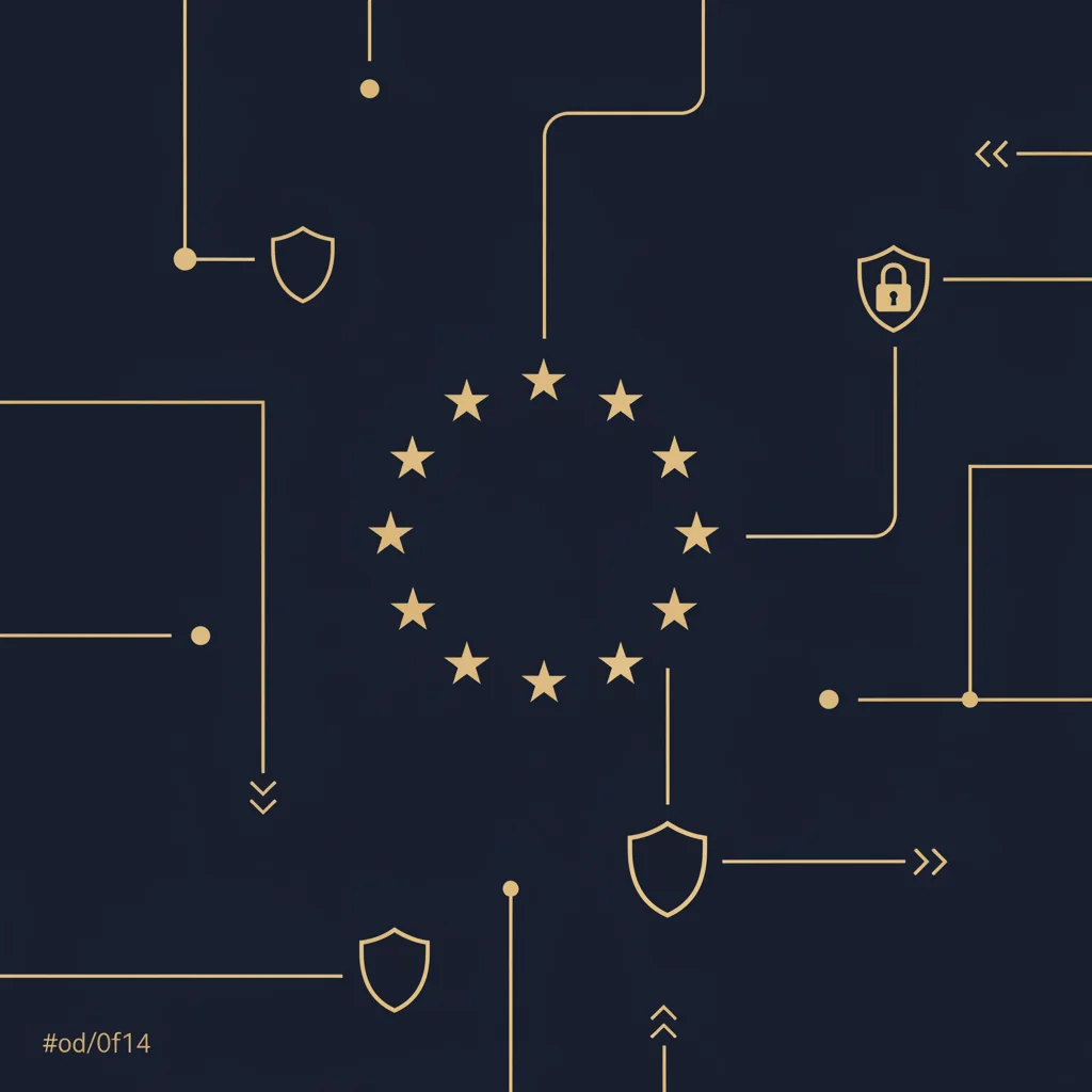 Goldene Schildsymbole und europäische Netzwerk-Knotenpunkte auf dunklem Hintergrund
