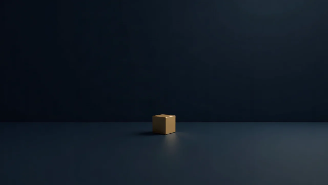 Ein einzelner kleiner goldener Wuerfel auf einer weiten dunklen Flaeche