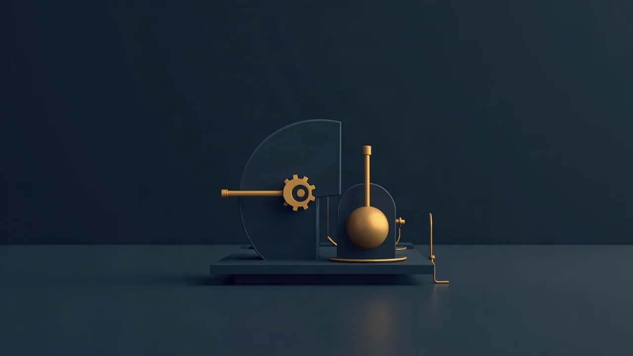 Kleine Maschine aus Zahnrad, Hebel und Kugel in Gold vor dunklem Hintergrund