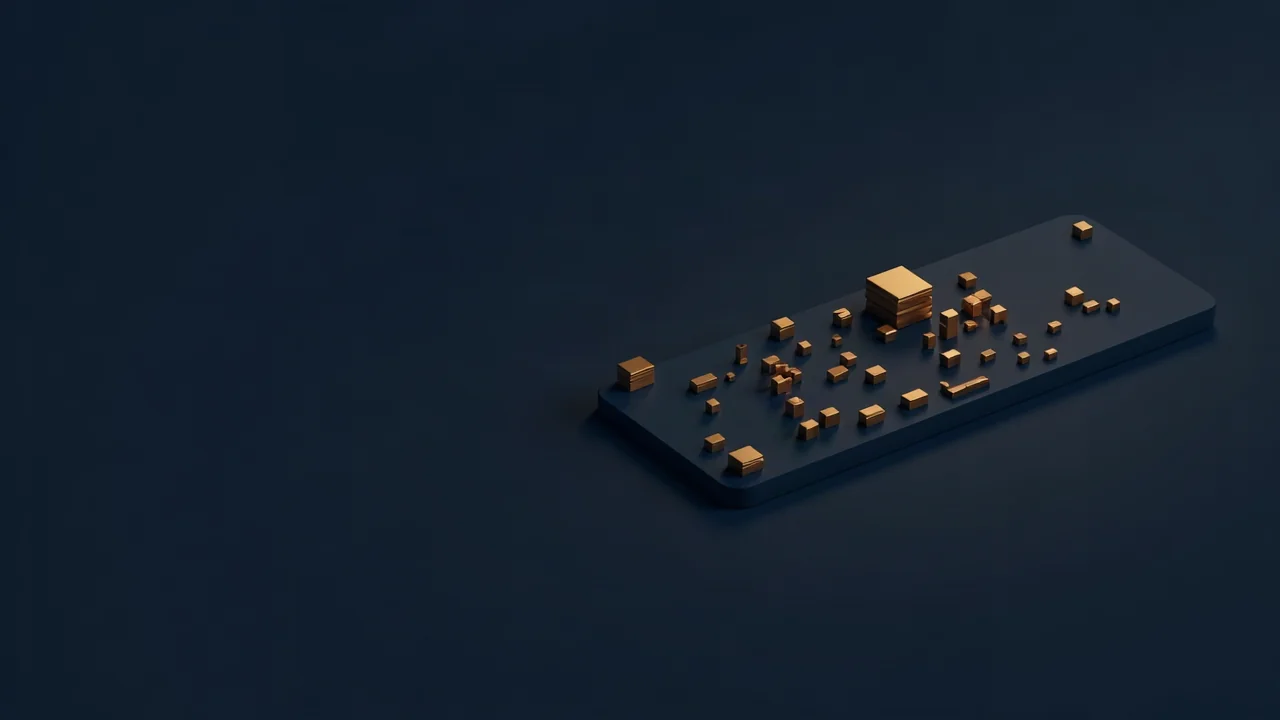 Goldene geometrische Blöcke in drei Größen, geordnet in Reihen auf dunklem Grund