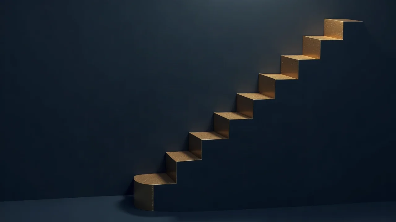 Eine absteigende Treppe aus goldgesaeumten Stufen, die am Ende wieder steil ansteigt