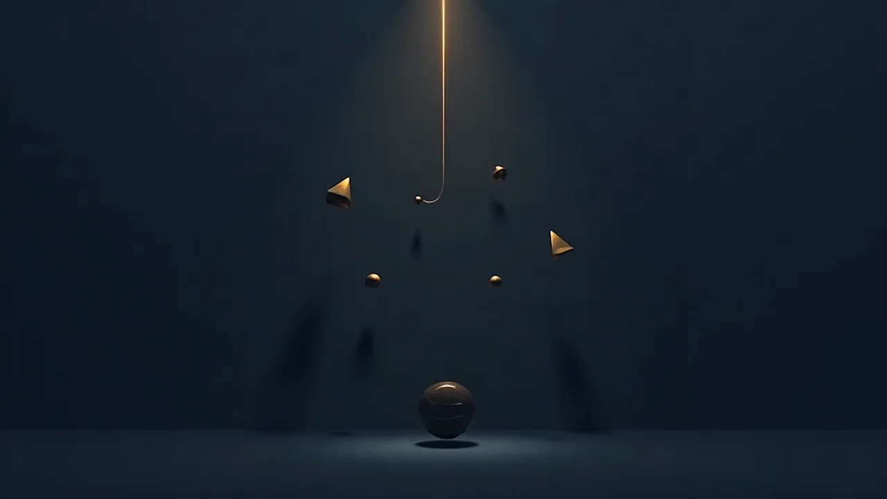 Fünf geometrische Formen mit Sichtlinien auf eine leere Mitte, abstrakte Darstellung