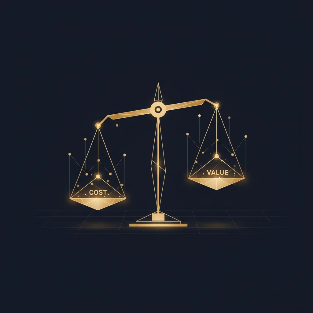 Abstrakte Darstellung von KI-Beratungskosten: goldene Waagschalen und Netzwerkknoten auf dunkelblauem Hintergrund
