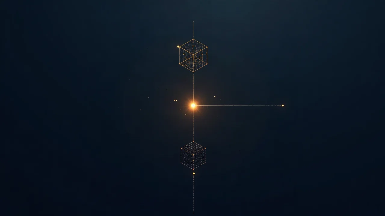 Ein heller goldener Ursprungspunkt auf dunklem Grund, von dem drei Wege ausgehen: zu einem Netz aus vielen Knoten, zu einer geschlossenen Würfelstruktur und als gerade Linie zu einem Ziel
