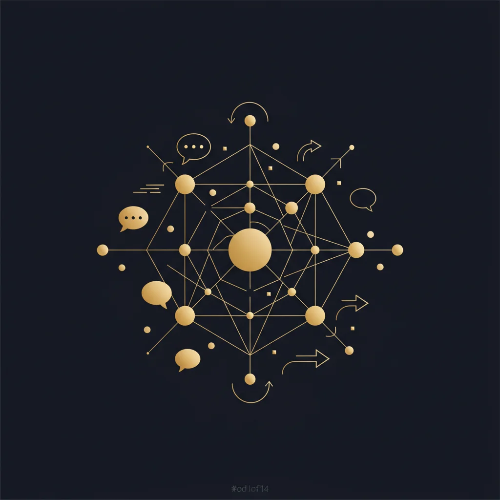 Abstrakte Darstellung von Kommunikationsnetzwerken mit goldenen Verbindungslinien zwischen Knotenpunkten auf dunklem Hintergrund