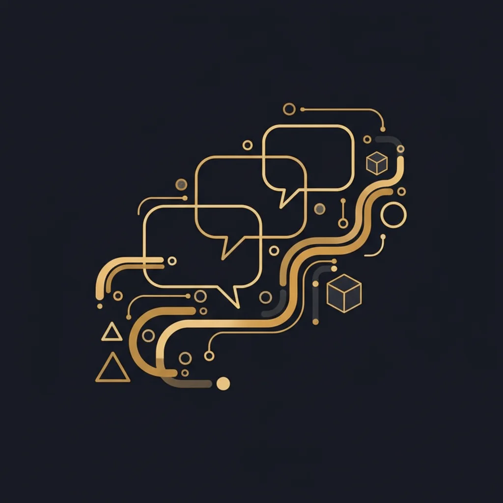 Abstrakte Chat-Bubbles und Informationsflüsse mit goldenen Akzenten auf dunklem Hintergrund