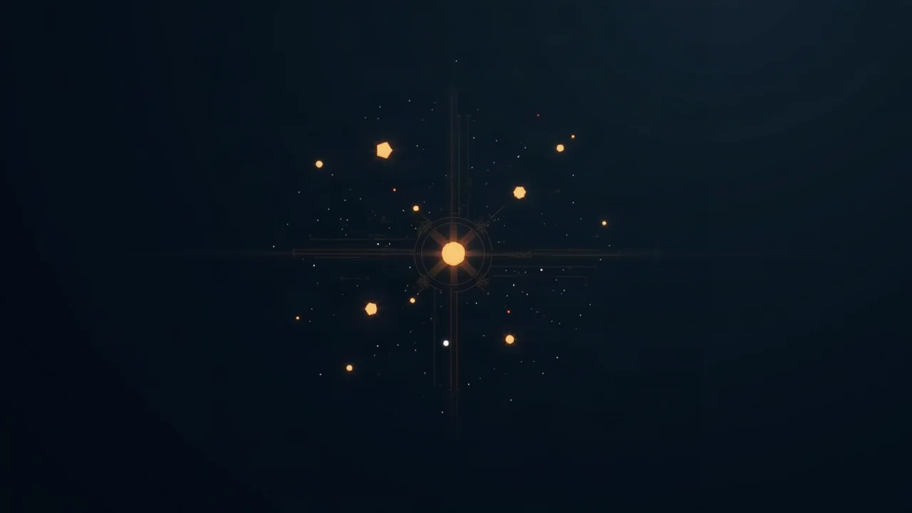 Verstreute goldene Punkte und kleine geometrische Formen um einen hellen Mittelpunkt, manche deutlich sichtbar, andere kaum erkennbar im Dunkel