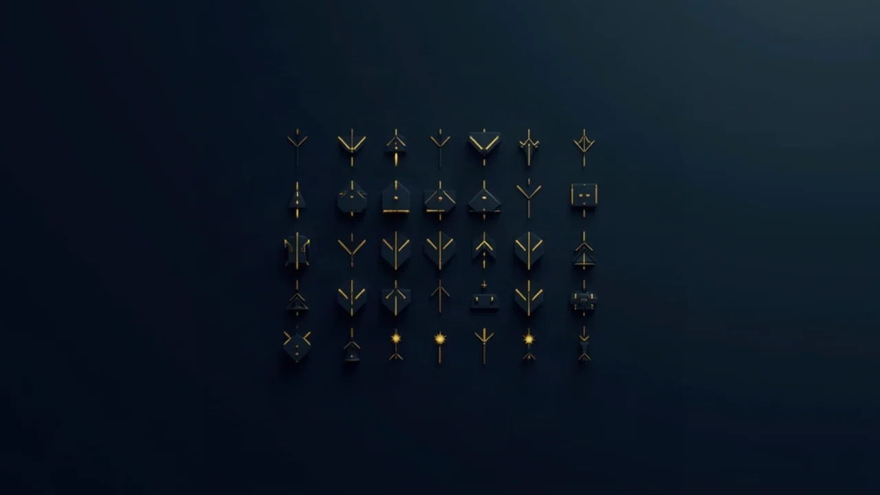 Kleine goldene geometrische Symbole in einem geordneten Raster aus Reihen und Spalten auf dunklem Grund