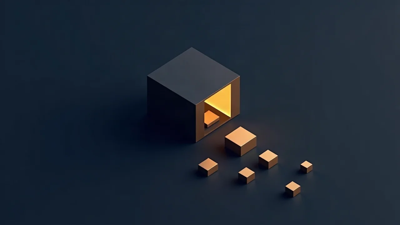 Ein geschlossener geometrischer Block öffnet sich, kleinere Module lösen sich ab und schweben davon, abstrakte Darstellung von Code-Eigentum