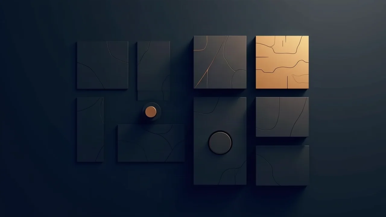 Abstrakte geometrische Bauteile fuegen sich zu einer Oberflaeche zusammen, goldene Linien auf dunklem Grund