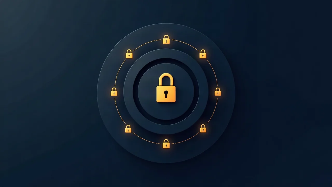 Abstrakte goldene Zugangsebenen und Ringe um einen geschuetzten Datenkern