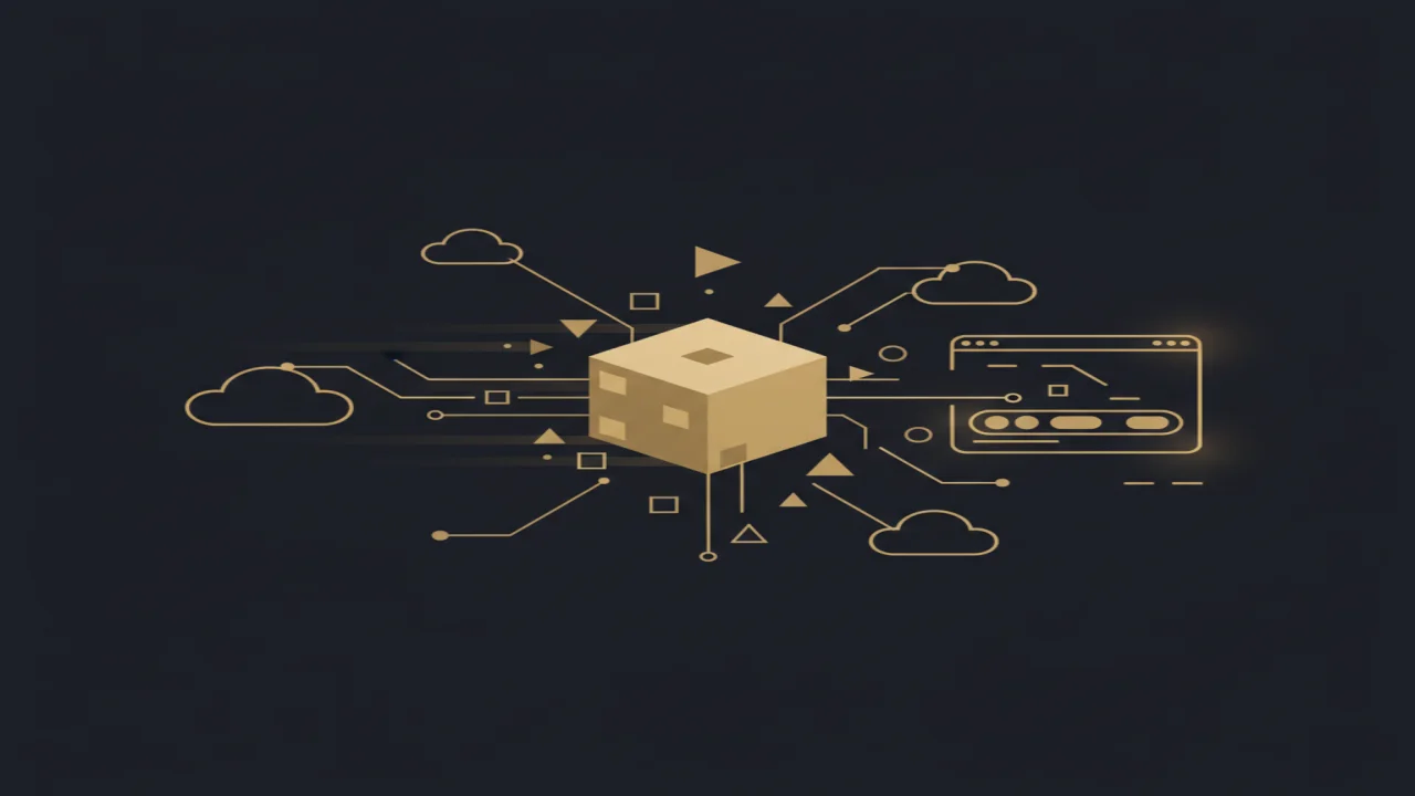 Abstrakte Darstellung eines Micro-SaaS-Produkts: goldene Netzwerkknoten auf dunklem Hintergrund