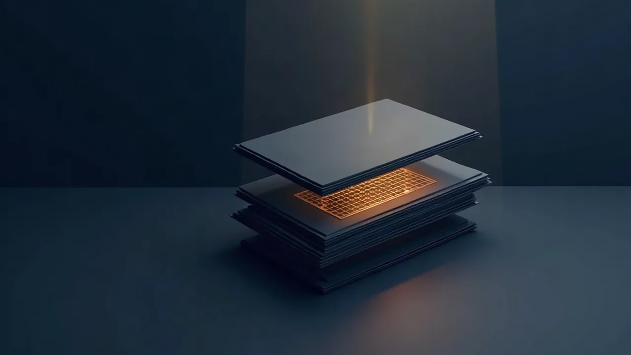 Gestapelte geometrische Dokumentenschichten unter einem abstrakten Lichtstrahl, der ein darunterliegendes Raster freilegt